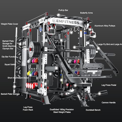 Image of Smith Machine with Weight Stacks Power Cage Squat Rack Dual Cable Crossover Machine, LAT Pull-Down All in One Home Gym Systems