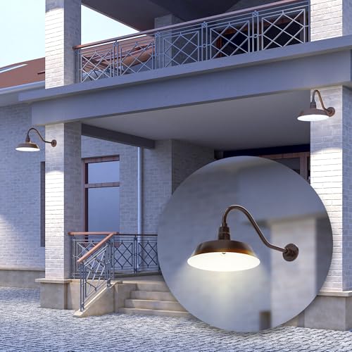 Image of 14in. Architectural Bronze Outdoor Gooseneck Barn Light Fixture with 22in. Long Extension Arm - Wall Sconce Farmhouse, Vintage, Antique Style - UL Listed - 9W 900lm A19 LED Bulb (5000K Cool White)