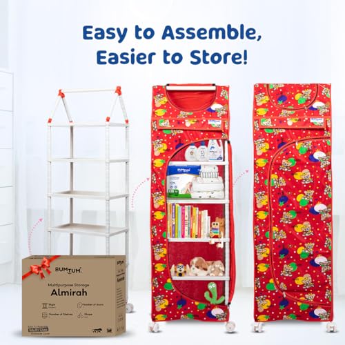 Image of Bumtum Baby Wardrobe Multipurpose 6 Shelve |Foldable Almirah| Baby Wardrobe for Clothes Storage | Baby Wardrobe Cover | Baby Almirah with Wheels (Red)