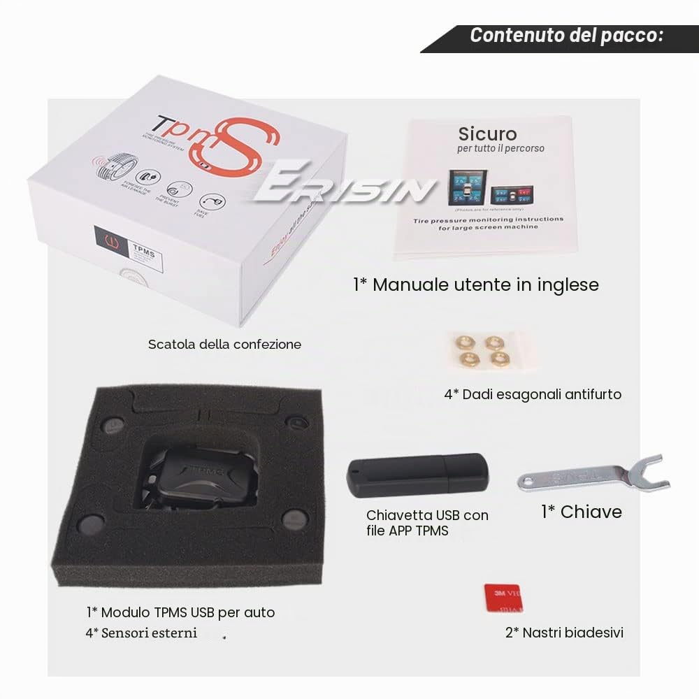 Erisin USB TPMS Modulo Strumento Pressione Pneumatici 4 Sensori Esterni per Android 10/11/12 Autoradio
