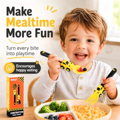 Image of Deinyi Construction Toddler Fork and Spoon Set, Storage Cases Reusable