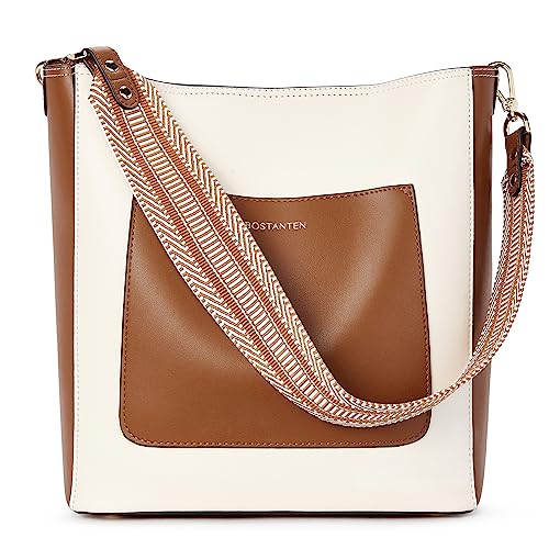 Bostanten Handbags For Women Leather Designer Hobo Tote Purses Shoulder Bucket Crossbody Bags Beige With Brown #TOP9