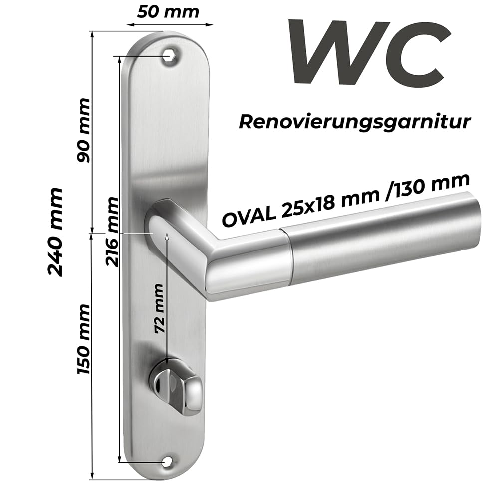 Stahlia Drückergarnitur Langschild Renovierungsgarnitur Edelstahl glanz poliert CATHY OVAL | WC - Badezimmer | Türbeschlag Zimmertüren, Eingangstüren für Türstärke 20–47mm | Befestigungsmaterial