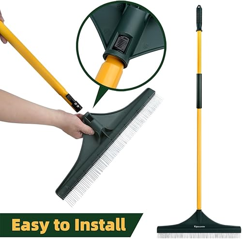 Miniatura 7 de Rastrillo de césped artificial, poste de 55 pulgadas de largo, diseño sin rotura, rastrillo de escoba de mano de jardín para quitar fácilmente