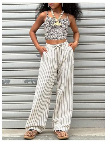Floerns Girl's Striped Drawstring High Waist Long Pants Straight Leg Beach Trousers2