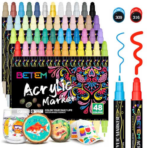 Betem 48 Colors Dual Tip Acrylic Paint Pens Markers, Premium