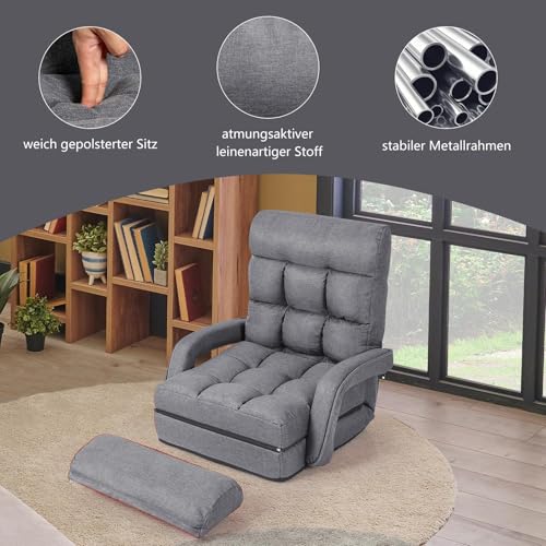 FANTASK verstellbare Sofa, Klappsofa Lazy, Verstellbare Rückenlehne 90° bis 180°, Liegebett mit Armlehnen und Kissen für Zuhause, Grau