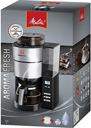 Melitta AromaFresh Grind and Brew, 1021-01, Filter Coffee Machine, Glass Coffee Jug Included, Adjustable Grind Level and Intensity, Black/Stainless Steel