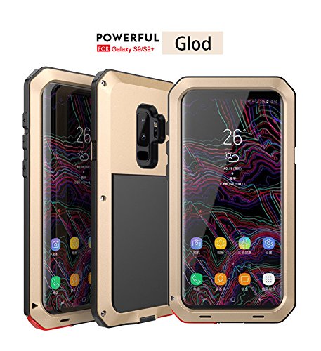 Safe Buy Samsung Galaxy S9 S9 Plus Aluminum Alloy Metal Silicone Full Body Hybrid Military Shockproof Armor Defender Tough Back Cover For S9 S9 Plus Free Tempered Glass (Samsung Galaxy S9 Plus, Gold)
