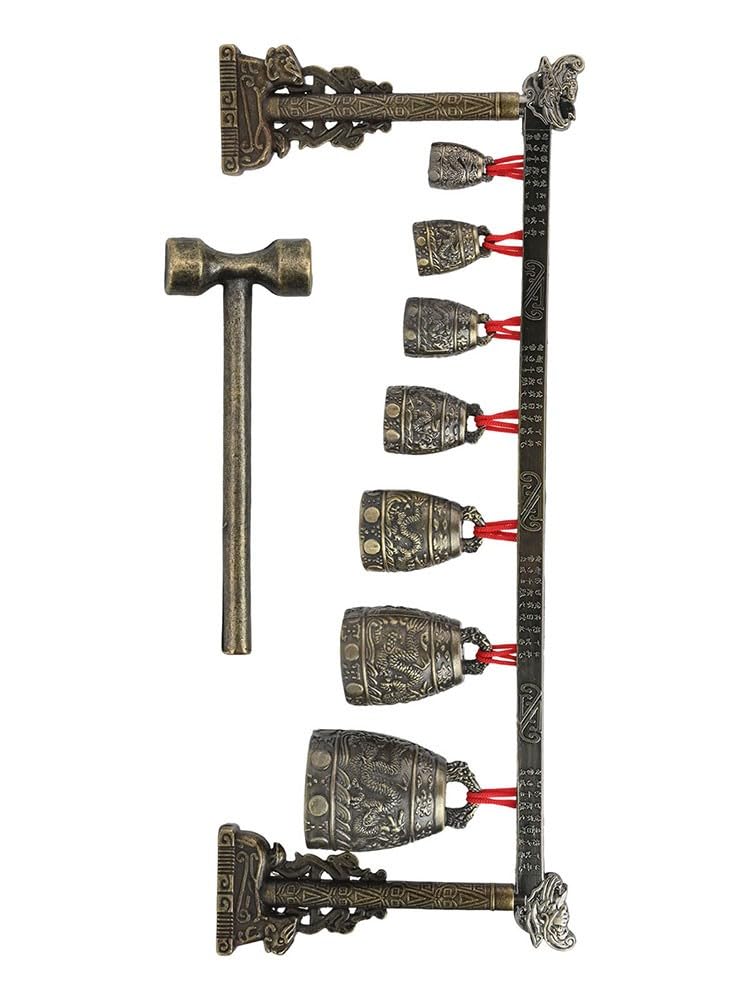Gong de meditación de bronce chino con 7 campanas decoradas, instrumento de curación de sonido de aleación para atención plena y relajación, 410 x 170 x 50 mm