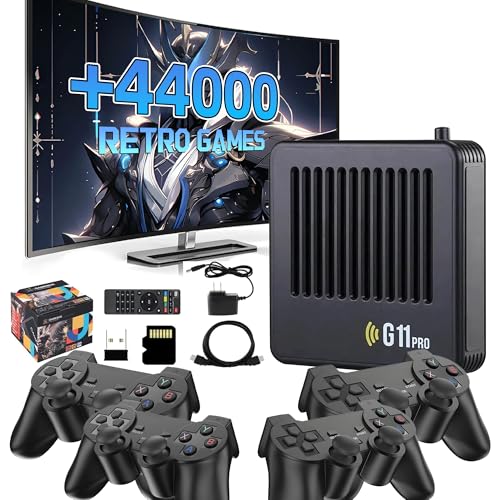 XIXIMENG G11 Pro Game Box Consola Retro con 4 mandos,44 000+ Juegos,50 Emuladores,HD 4K Game Stick,Sistema Emuelec 4.3,Consola de Juegos Retro Plug & Play,Descargar/Favoritos/Guardar Juego (128G)