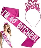 40th Birthday Sash & Tiara Headband Gift Set - I'm 40 Bitches Rhinestone Black Satin Sash & Silver Headband Tiara - Black/Silver GSet(40Btchs RS/Slv) Blk
