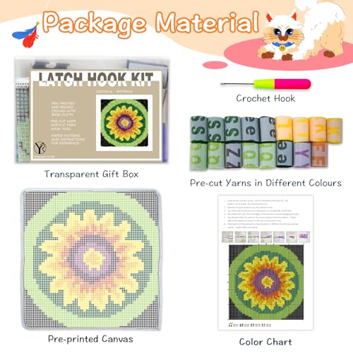 Image of YP Sunflower Latch Hook Rug Kit for Adults Beginners - 12x12 Inch DIY Craft Crochet Rug, Beginner-Friendly Art Project for Home Decor, Easy-to-Make Needlecraft Kit