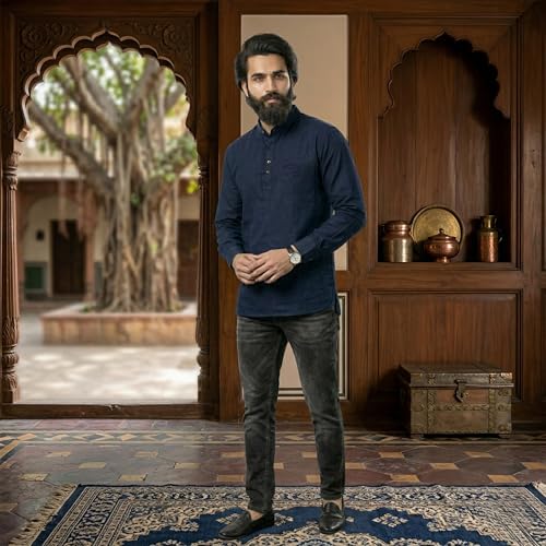 Image of Men's Cotton Regular Short Kurta | Casual & Ethnic Wear with Long Sleeve
