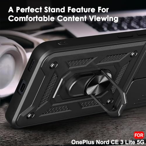 Image of TheGiftKart Tough Armor Bumper Back Cover Case for OnePlus Nord CE 3 Lite 5G | Ring Holder & Kickstand in-Built | 360 Degree Protection Back Cover Case (PC & TPU, Sliding Camera Cover, Black)