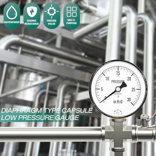 Image of 0-30 in H2O Diaphragm Type Capsule Low Pressure Gauge 2-1 /3 inch Dial Size, 1 /4 inch NPT Lower Mount, Adjustable Water Column Gauge, for Pressure Testing with Air, Gas, Water, and Other Liquids