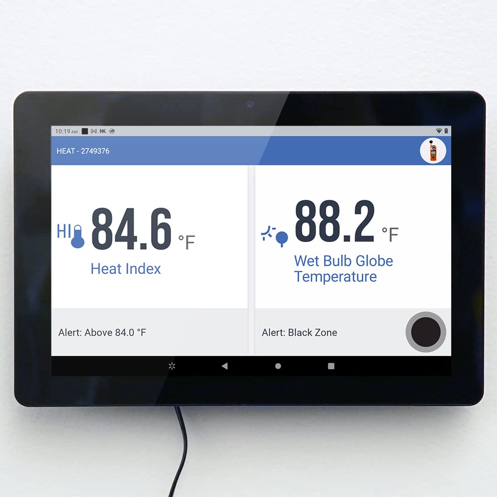 Remote monitoring tablet displaying Heat Index and Wet Bulb Globe Temperature readings.