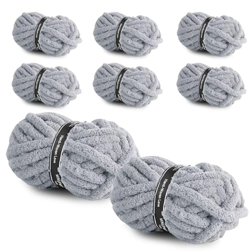 Image of 8 Packs Jumbo Chunky Chenille Yarn - 1820g(64oz) 254 Yards (761ft) Bulky Yarn - Chunky Yarn for Hand Knitting Blanket,Cushions, Pet Bed - Soft and Durable(Rice Grey)