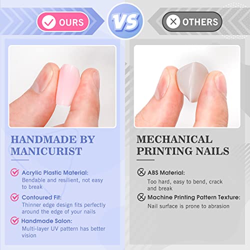Blue Press On Nails Short, Jofay Fashion Square Fake Nails Reusable Natural Solid Color False Nails With Glue, Stick On Nails For Women Girls Gift, Acrylic Nails Tips Salon-Quality 24Pcs #TOP3