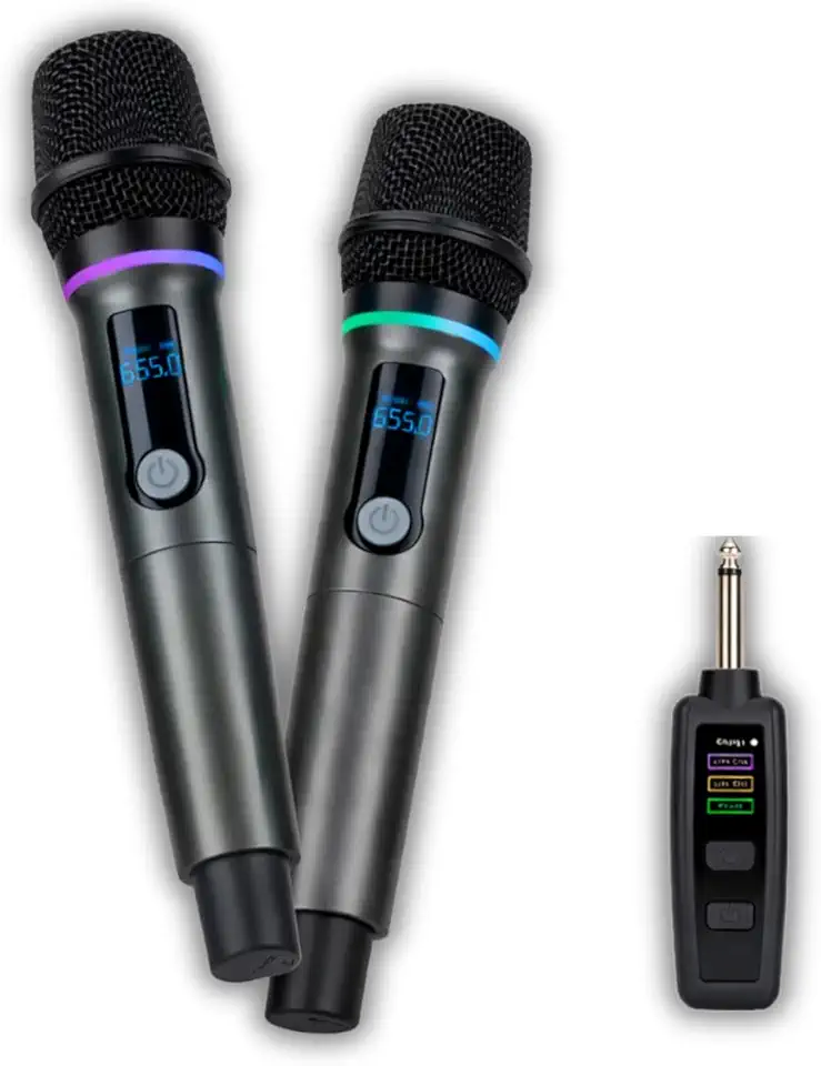 Microfone de mão profissional sem fio duplo RGB, tecnologia UHF. Ideal para karaokê, festas, eventos, palestras, igreja e entretenimento familiar – Qualidade Premium LNSTORE