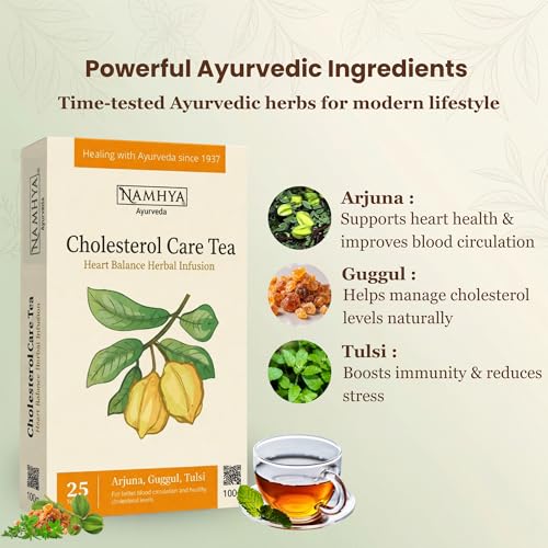 Image of Namhya Cholesterol Care Tea | Herbal Tea for Cholesterol Control, Heart Health & Circulation Support | Ayurvedic Blend for Fat Metabolism, Detox & Triglyceride Balance | 25 Tea Bags 100g