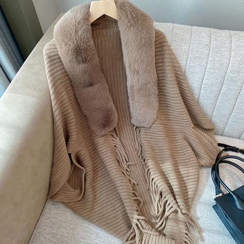 Ladies Knitted Loose Thickened Shawl Coat, Knit Fringe Cape Shawl Fur Collar Cape, Winter Knit Fringe Fur Collar Shawl (One Size, Khaki)3