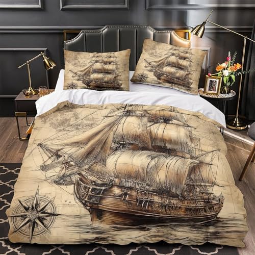 YVASPQRTW Boceto de un Barco Antiguo 3D Impresión Funda de edredón 3pz Microfibra Cremallera Oculta Aventura náutica Edredón Funda 2 Fundas Lavable a máquina Chicos Niños Super King（260x220cm）