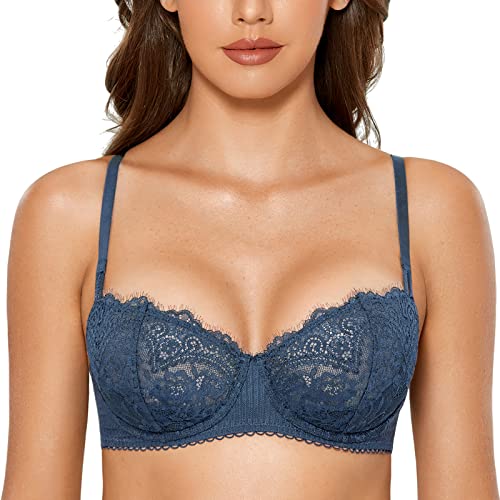DOBREVA Women's Sexy Lace Push Up Plus Size Bra Sheer Balconette Underwire Unlined Military Blue 34DD
