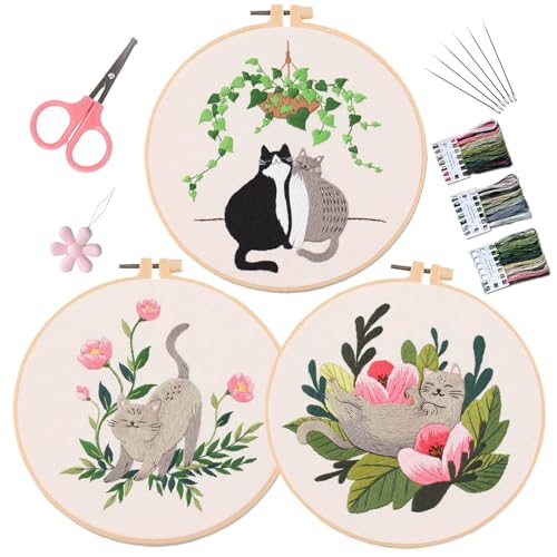 Image of LB Funny Cat Embroidery Kit for Beginners Adults, 3 Sets Hand Embroidery Starter Kit with Floral Pattern and Instructions Stamped Cross Stitch Kits Include Embroidery Hoop Needles Threads Scissors