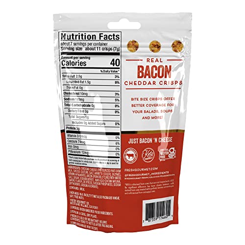 Image of Fresh Gourmet Bacon Cheddar Cheese Crisps | 100% Real Cheese | Keto Friendly | Great for Snacking and Salad Topper, 1.76 Ounce, Pack of 12