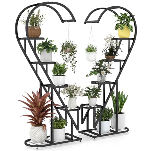 Toolsempire 5 Tier Plant Stand 2 Pack Heart Shaped Plant Stand Indoor Plant Stands for Multiple Plants Metal Plant Stands with Hanging Hook Plant Shelf Outdoor for Home Decor Living Room & Balcony