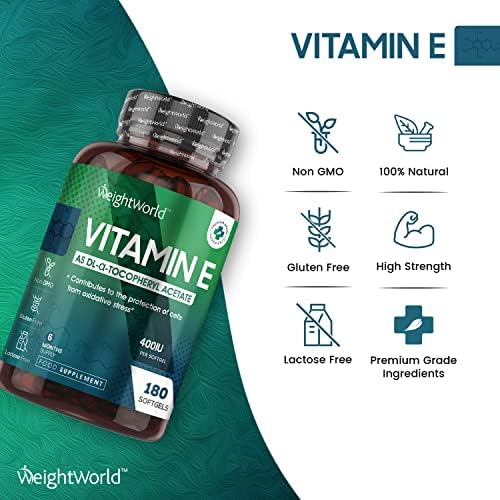 Vitamin E Capsules Softgels 400IU (Advised Intake) - 180 Vit E Softgels (6 Month Supply) - High Strength Vitamin E Oil Capsule - Hair Nail Skin Supplement - Natural Alpha Tocopheryl (Not Vit E Tablet)