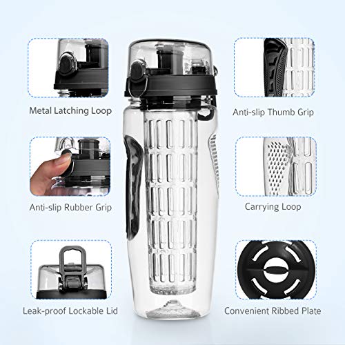 OMorc 32 OZ Sport Fruit Infuser Water Bottle, Flip Top Lid & Dual Anti-slip Grips, BPA Free Infuser Water Bottle, Free Recipes and A Cleaning Brush Gifts, Ideal for Your Office and Home