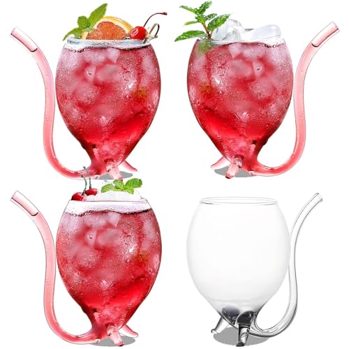 INFTYLE Vampire Wine Glass 12oz Set Of 4 Creative Cocktail Glasses Decanter Cups Mugs with Built-in Straw for Cocktail Wine Juice Ice Cream Champagne Home Bar Party Club Glassware Barware