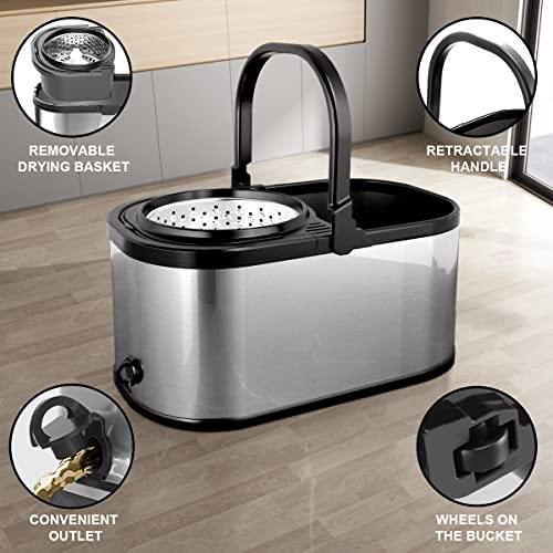 Spin Cycle Mop Bucket System Stainless Steel Bucket And Mop Set 360° Rotating Mop For Floor Cleaning With 4 Microfiber Replacement Head Pad,Adjustable Stainless Steel Mop Handle #TOP3