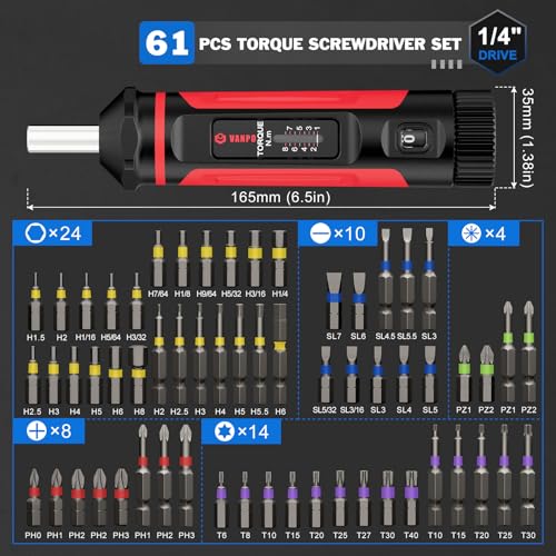 VANPO Destornillador dinamométrico de 1/4 pulgadas, 1-8 Nm, pequeño destornillador dinamométrico, juego con 60 puntas S2, recordatorio de clic para herramientas, reparación de bicicletas