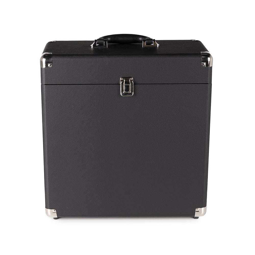 RC32 - Custodia per dischi in vinile, elegante e resistente, con morbida fodera in flanella, contiene 30-35 dischi, chiusura in metallo, cerniera e maniglia.
