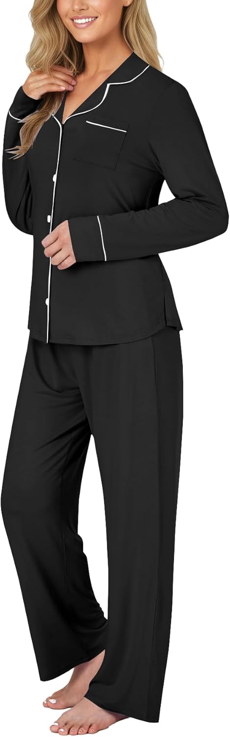 LYANER Women's Softest PJ Set 2 Piece V Neck Long Sleeve Button Down Sleepwear Lounge Pajama Sets - Image 2