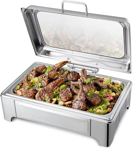 Image of Malabar Stainless Steel Electric Chafing Dish with Transparent Lid, Rectangular Chafing Dish Set with Hydraulic Lid, Mirror Finished Buffet Food Warmer (Electric, 9 LTR)