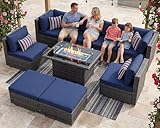 RADIATA 9 Piece Wicker Patio Furniture Set with Fire Pit, All-Weather Outdoor Sectional Couch High Back Large Size, Modular Backyard Seating Sofa Set with Propane/Natural Gas Firepit Table, Grey&Blue