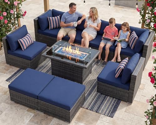RADIATA 9 Piece Wicker Patio Furniture Set with Fire Pit, All-Weather Outdoor Sectional Couch High Back Large Size, Modular Backyard Seating Sofa Set with Propane/Natural Gas Firepit Table, Grey&Blue
