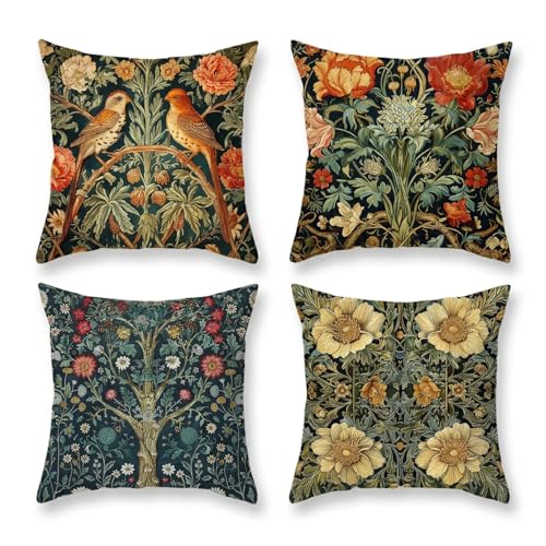 BREASOME Cushion Covers 45 x 45 cm Set of 4 Bohemian Botanical Floral and Birds Cushion Covers Soft Decorative Square Throw Pillow Cases for Sofa Couch Bedroom Living Room