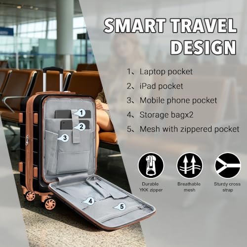 Image of KEYTANG SmileLine 3-Piece Luggage Set Lightweight Hardside Suitcase TSA Lock Spinner Wheels, 20 inch Expandable Carry-On Luggage with Quick Access Front Open Pocket, Bonus Makeup Bag,Apricot Black