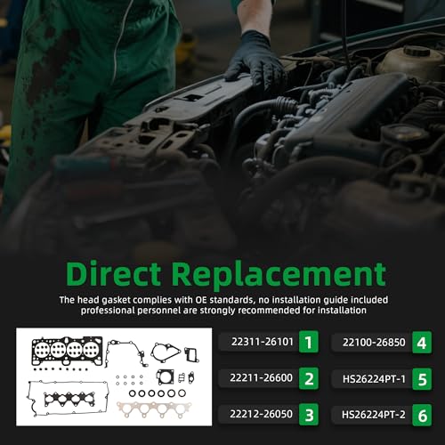 Image of Head Gasket Set HS26224PT-2, Fit for Hyundai Accent, for Kia Rio 2006 2007 2008 2009 2010 2011 Replace 22311-26101, 22211-26600, 22212-26050(56pcs)