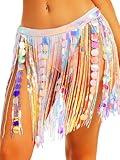 GRAEEN Sequin Skirt Sparkly Fringe Belly Dance Hip Scarf Festival Rave Tassel Skirts for Women Pink