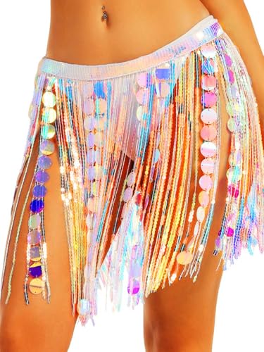GRAEEN Sequin Skirt Sparkly Fringe Belly Dance Hip Scarf Festival Rave Tassel Skirts for Women Pink