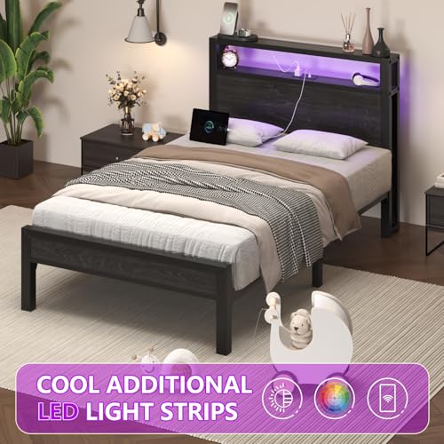 Image of E-Motie Twin Size Bed Frame with LED Lights and Charging Station, Wood Storage Headboard with 2-Tier Shelves, Heavy Duty Metal Slats, No Box Spring Need, Noise Free, Easy Assembly, Black