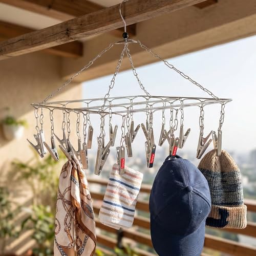 Image of HAZEL Stainless Steel Square Hanger with 25 Clips | Set of 10 | Space Saving Clothes Drying Rack for Socks, Baby Clothes & Undergarments
