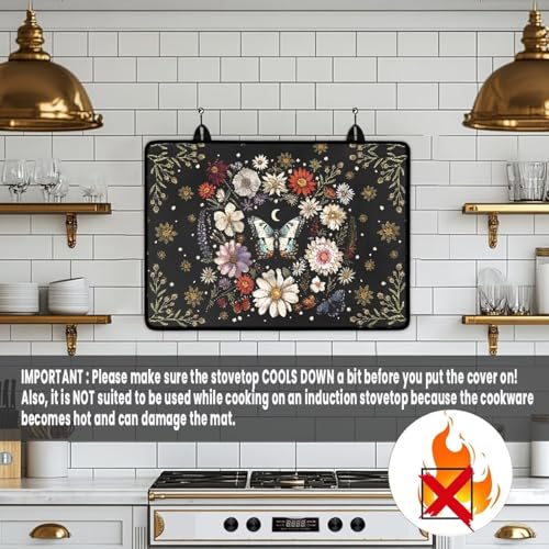 Image of Buttefly Stove Cover, Heat Resistant Silicone Stove Cover Mat, Retro Flower Gas Burners Protector, Non-slip Waterproof Mat for Glass Stovetop Protector, Heat Proof Rectangle Mat