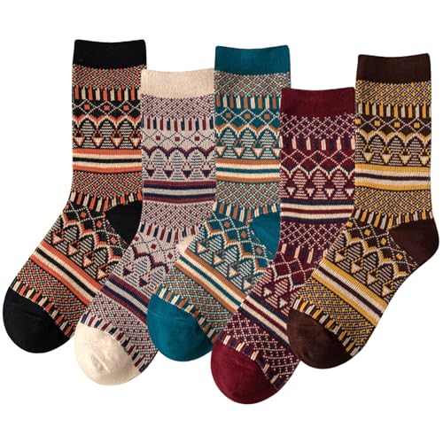 Image of IIG 3-5 Pairs Womens Vintage Cozy Crew Socks Soft Cute Neutral Cotton Socks Exquisite Patterns Socks Gift